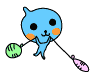 Blue cartoon character with orange cheeks holds green and pink objects in four sequential poses showing movement.