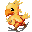 A 4-frame pixel art animation of a yellow bird-like creature running, displayed in a 2x2 contact sheet with gray background transparency.