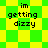 Pixelated text 'im getting dizzy' on a green and yellow checkered background with two distinct pattern variations.