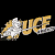 Pixelated yellow and white text logo on black background with motion blur effect.