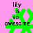 Pixelated green snowflake-like shape on pink background with black text 'Lily is so awesome' in four variations.