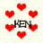 Red pixelated hearts float around black text reading KEN on a light background with animated heart shapes changing positions.