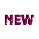 A static image displays multiple instances of the word 'NEW' in magenta text with a 3D effect, arranged in a pattern on a light gray background, with one orange and pink gradient circle at the bottom left