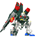 Four pixelated mecha poses with red shoulder cannons, green back fins, blue feet, and yellow chest accents on a gray background.