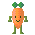 Animated contact sheet of a pixel-art carrot character with green leafy top, orange body, and green limbs showing multiple expressions and actions across 17 frames on gray background.