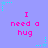 Pixelated text "I need a hug" in pink on light purple background with cyan star and dot patterns.