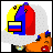 Pixelated cartoon character with orange skin, blue eyeshadow, red lips, and a white headpiece featuring a yellow, blue, and red flag. The character wears a white bikini top and blue wristband.