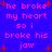 Blue background with pink pixelated text repeating 'he broke my heart so i broke his jaw' and red star shapes scattered throughout.