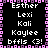 Pixelated text list with names and phrases in white on black background, bordered by pink and purple squares, repeated in a pattern