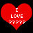Two identical red heart-shaped icons with white text "I LOVE" and partial question marks on black background.