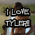 A pixelated image shows a shirtless person with dark hair standing in front of a blurred background, overlaid with bold text reading "I LOVE TYLER!".