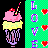 Pixelated ice cream cone with pink scoop, yellow base, and purple waffle cone on black background; vertical green panel displays 'LOVE' in purple letters and three red hearts.