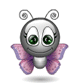 Animated insect-like avatar with gray body, green eyes, purple wings, and coiled antennae, showing subtle wing and shadow variations across frames.