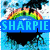 Rainbow over blue water with black silhouette and 'SHARPIE' text; gray background with brown heart and 'Always' text; two 'Sniff' texts on dark face.