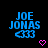 Blue pixelated text "JOE JONAS" with three blue chevrons below, on black background; pink heart and arrow symbols animate in sequence.