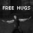Pixelated black-and-white image with 'FREE HUGS' text above a figure extending arms in a hug pose.