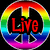 Three circular rainbow-colored peace signs with red text: Live, Laugh, Love, arranged in a with one empty space