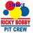 Animated buddy icon with red, yellow, and blue circles above text reading "RICKY BOBBY PIT CREW" in red and blue, with changing blue text above the circles.