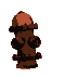 A brown fire hydrant with an orange top in three different poses across a