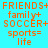 Pixelated text on cyan background with green rectangular overlays on some words, showing repeated phrases like 'FRIENDS+', 'family+', 'SOCCER+', 'sports=', and 'life' in orange and white.