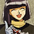 Pixelated cartoon-style icon of a person with short dark hair, wearing a yellow top and dark jacket, holding a white object near their face.