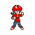 Pixelated character with red hair and red shirt holding two brown objects, standing against gray background.