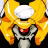 A pixelated anime-style character with yellow hair and a white headband holding a red object, next to stylized text on a black background.
