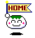 Pixel art character with green hair, pink cheeks, and a yellow flag reading HOME on blue border.