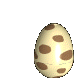 Animated sequence showing a yellow chick hatching from a spotted egg, transitioning through stages of emergence and standing in the broken shell.
