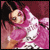Pixelated image of a person with dark hair wearing pink and white clothing in three distinct poses against a maroon background.