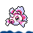 A 5x5 contact sheet of a pixel-art animated icon featuring a pink and white character with purple accents, displayed against alternating blue and white backgrounds across frames.