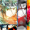 Anime-style character with light brown hair and glasses, wearing a red shirt, with text 'You'll BURN' overlaid on a pixelated background.