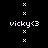 Pixelated text 'vicky<3' appears in white on black background with pink rectangular overlays and white 'x' marks scattered across the