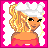 Pixel art contact sheet showing a blonde character's outfit components and text labels on pink borders with white scalloped edges.