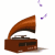 Animated gramophone with brown body and horn, playing music with purple and white musical notes floating upward.