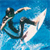 Pixelated static image of a surfer riding a wave on blue water background with visible dithering and anti-aliasing effects.