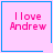 Four identical pink square with blue borders display 'I love Andrew' text, each has a distinct small symbol in the bottom-right corner