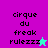 Pixelated text 'cirque du freak rulezzz' on split background with star icon, alternating between cyan and magenta stars.