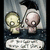 Two cartoonish figures with large eyes stand side-by-side under a black umbrella, one holding a yellow object while the other holds a white speech bubble.