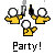Pixel art of three yellow-shirted figures with white circular heads holding party poppers, one figure's position shifts between frames.