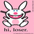 Pixelated bunny with white fur, blue eyes, pink nose and mouth on pink background; same bunny in gray-and-pink variant on black background.