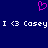 A static digital image with a solid dark blue background features a pink pixelated heart symbol above white text reading "I <3 Casey" repeated twice.