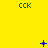 Yellow background with green 'CCK' text and blue pixelated symbols changing across frames.