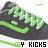 Pixelated black and green sneaker with white laces and text 'MY KICKS' below, featuring a green heart symbol that changes position across frames.