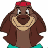 Pixelated cartoon character with brown fur, red headband, and teal shorts against white background.