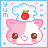Pixel art of a pink and white cat-like character with brown eyes, wearing a chef's hat holding a strawberry, on a light blue background with 'YUM' text.