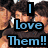 A pixelated image of multiple identical figures with dark curly hair wearing black shirts, overlaid with blue text reading "I Love Them!!" on a white background.