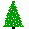 Three pixelated green Christmas trees with black trunks, each decorated differently with colored square ornaments on a gray background.