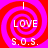 Four identical display a red and pink spiral background with 'LOVE' text above 'S.O.S.' in white pixelated font, each separated by thin vertical lines