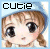 Two side-by-side pixelated images of a character with brown hair and large eyes, each labeled 'cutie' in distinct fonts.